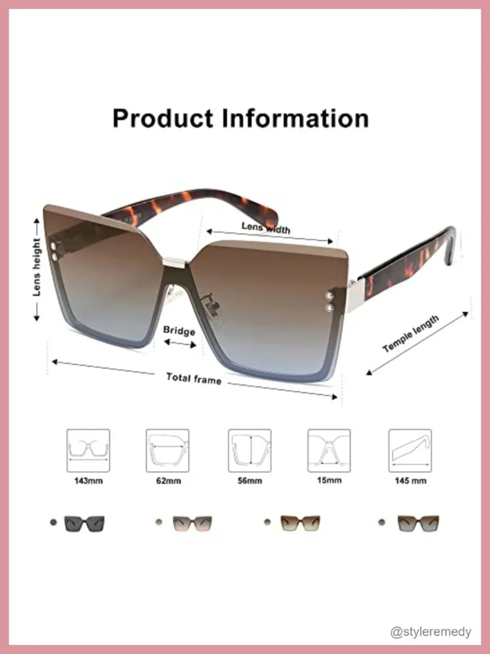 Oversized Square Rimless Sunglasses UV400 Ladies Shades